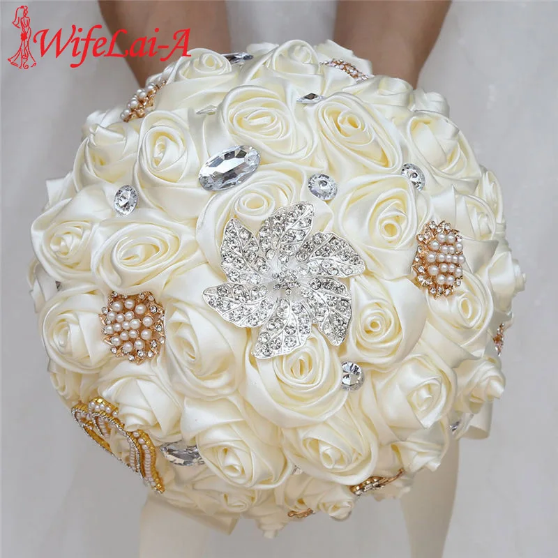 WifeLai-A 20CM Ivory Silk Rose Artificial Flower Bouquet Handmade Bridesmaid Bouquet Rhinestone Holding Flower Buque Noiva W373D