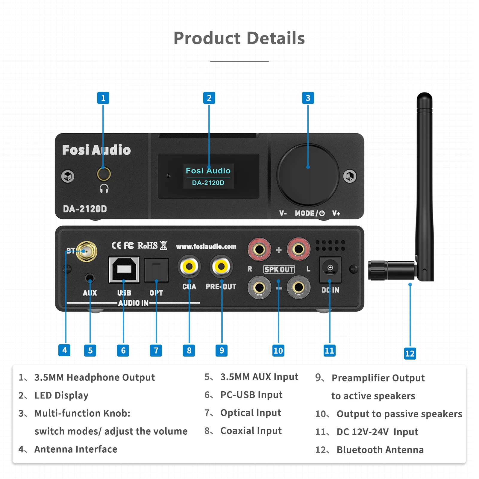 Imagem -03 - Amplificadores de Áudio Foci Da2120d Bluetooth 2.1 Canais Stereo Usb Dac Power Amp Coaxial Aux Óptico Controle Remoto para Home Speaker