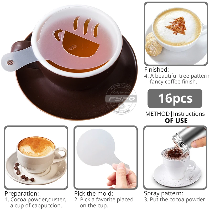 16pcs\\set Plastic Coffee Latte Cappuccino Barista Art Stencils Mold Homemade Coffee Art Stencils Cake Decoration Coffee Tool