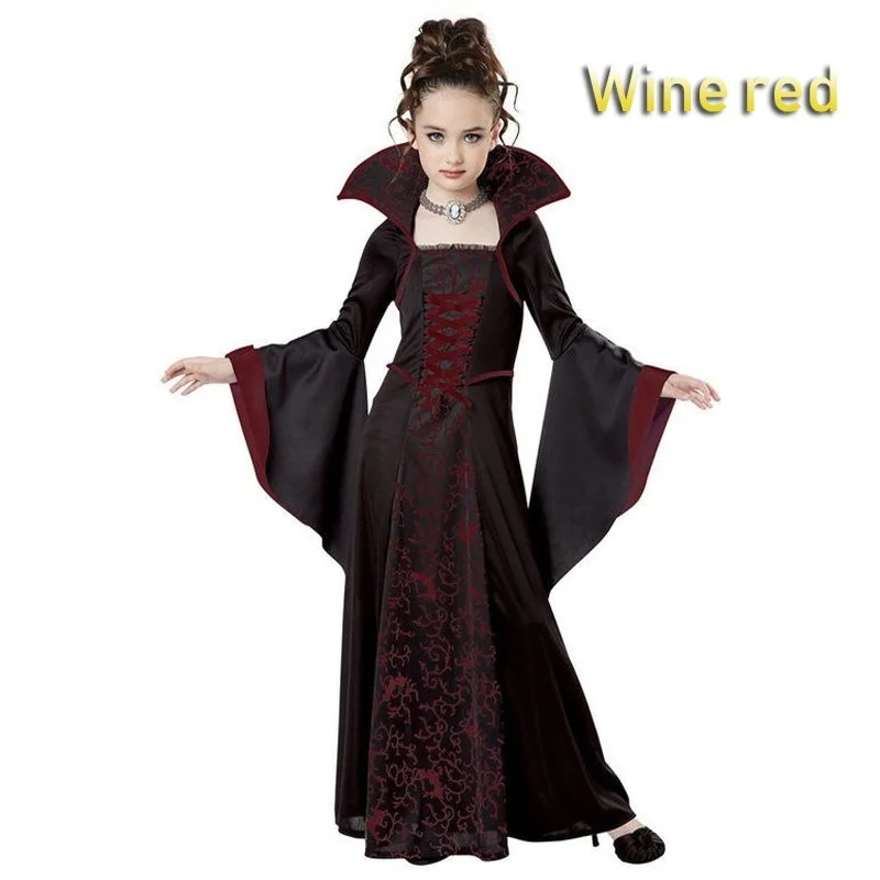 Halloween Costume for Kids Girls Flared Sleeves Royal Vampire Costume Girl Medieval Long Sleeve Dress Costume for Party Cosplay