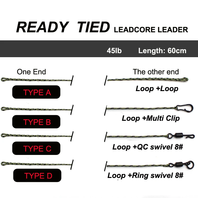 2PCS Carp Fishing Line Ready Tied Lead Core Leaders 45IB Leadcore With Quick Change Swivel for Carp Rig Chod Helicopter Rig