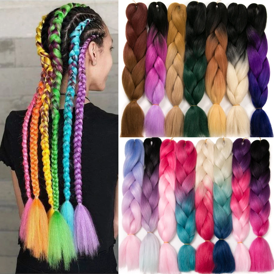 Ombre Synthetic Braiding Hair Extensions For Box Twist Braids 24\'\' 100g Jumbo Braids Two Tone Ombre Color Pink Black grey