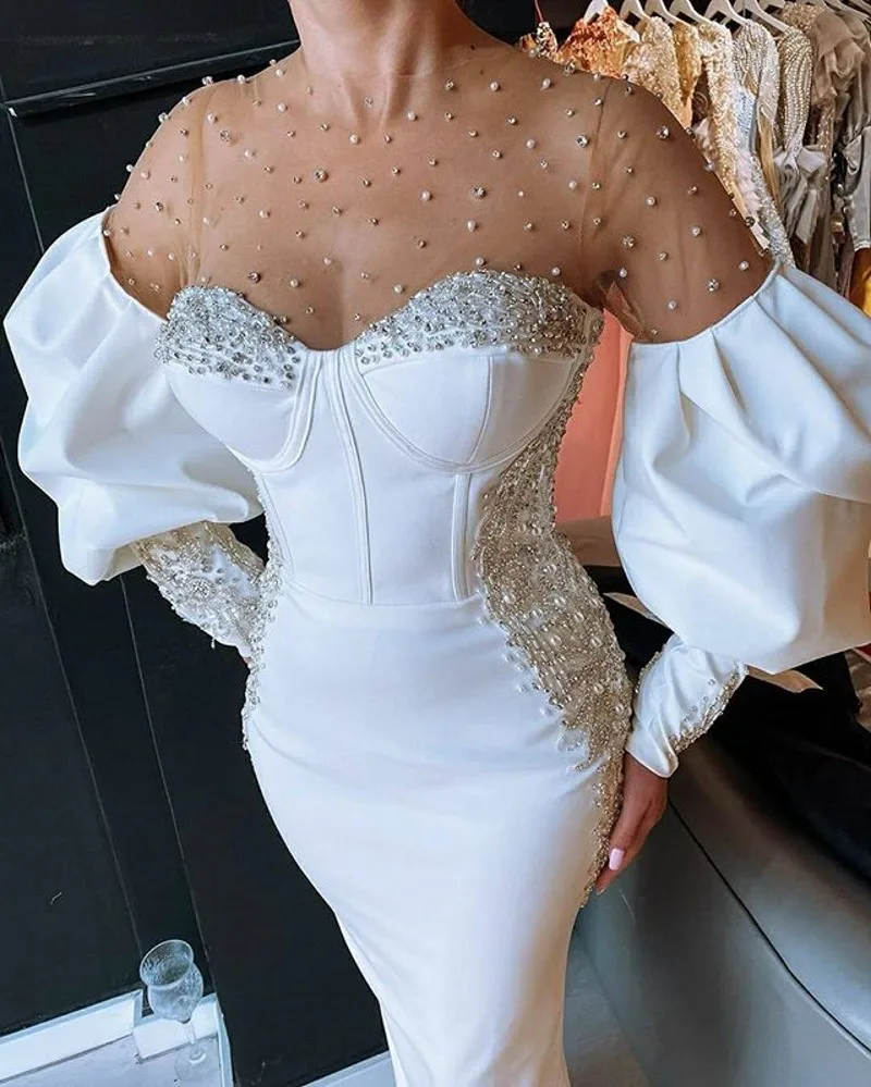 Elegant White O-neck Evening Dresses Long Sleeves Pearls Beaded Arabic Formal Occasion Sweetheart 2023 Dubai Prom Party Gowns