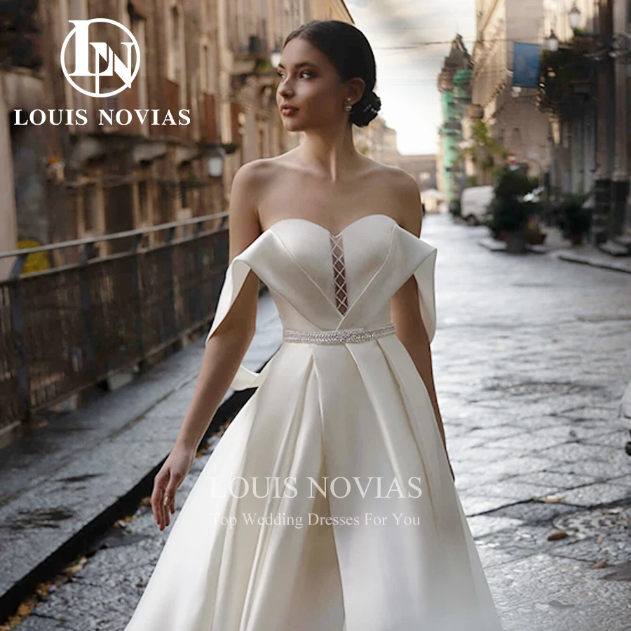 

LOUIS NOVIAS Satin Wedding Dress Sexy Elegant Off Shoulder Strapless Slit-Hem Bridal Gown Backless A-Line Vestidos De Novia