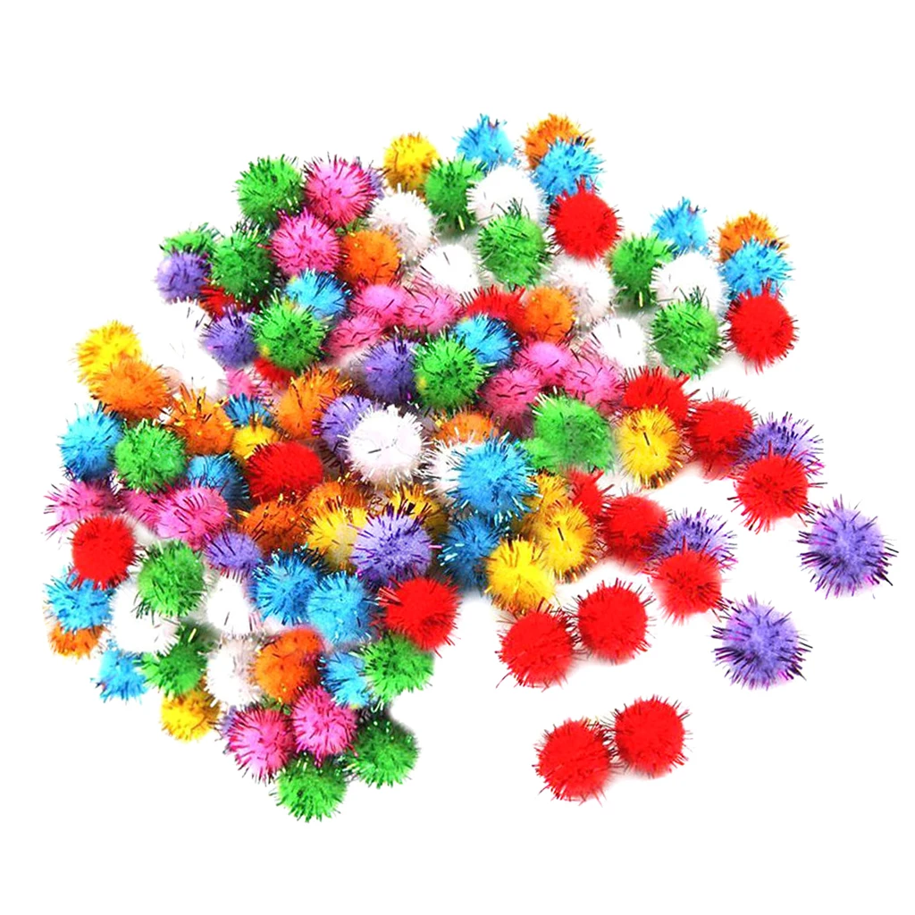 100Pcs Sparkly Glitter Tinsel Pompom Balls Small Pom Pom Ball Cat Toys 15mm