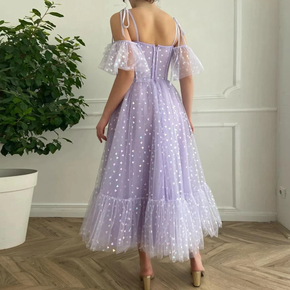 Gaun Prom Loverkissy Lavender Sweetheart Tulle Gaun Pesta Malam Formal Bahu Terbuka Tali Spaghetti Pendek Gaun Manis 16