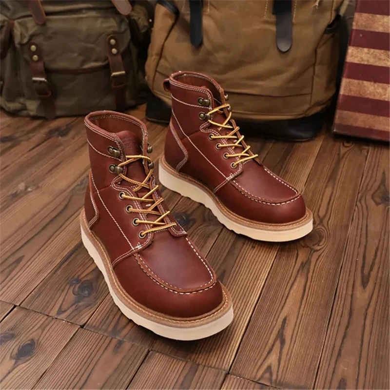 High Quality Japanese Vintage Handmade Men Cow Leather Shoes Autumn Winter Tooling Ankle Boots Platform Work Motorcycle Boots