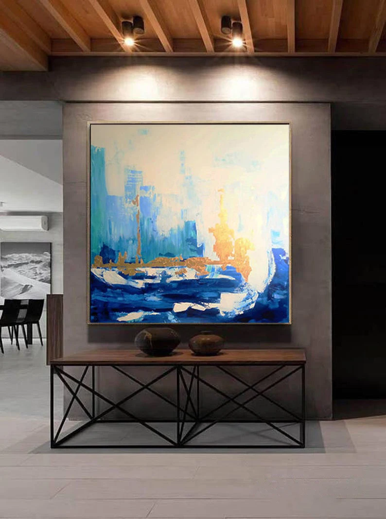 Blue Skyline Abstract Painting Contemporary Art Original Large Wall Art Canvas Wall Art Large Blue Gold Painting Art Abstract