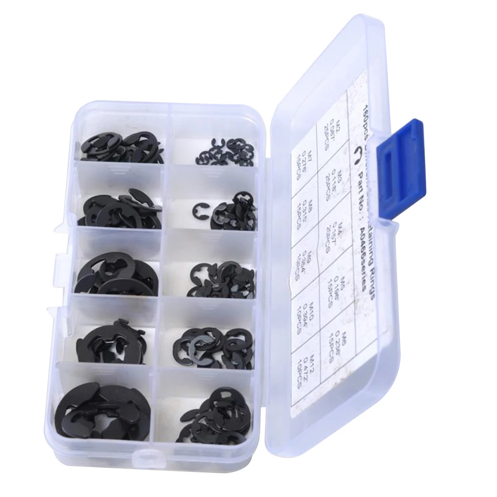 160Pcs  E-Clip Snap Rings 2-12mm Car Clip Seegering Assortment Kit Truck Car E-Clip Retaining Ring Snap Spring Clips With Box