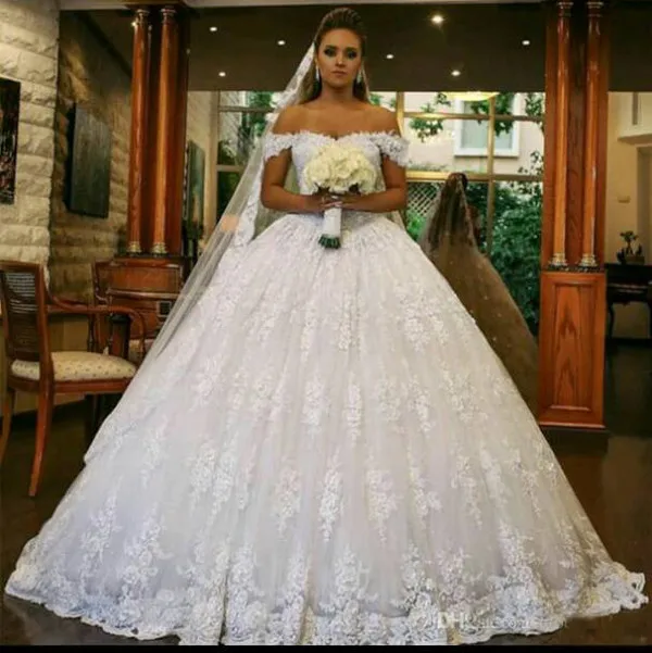 White Wedding Dresses Bridal Ball Gowns Lace Princess Off Shoulder Sweep Train gown wedding dress Custom Made Bride Dress