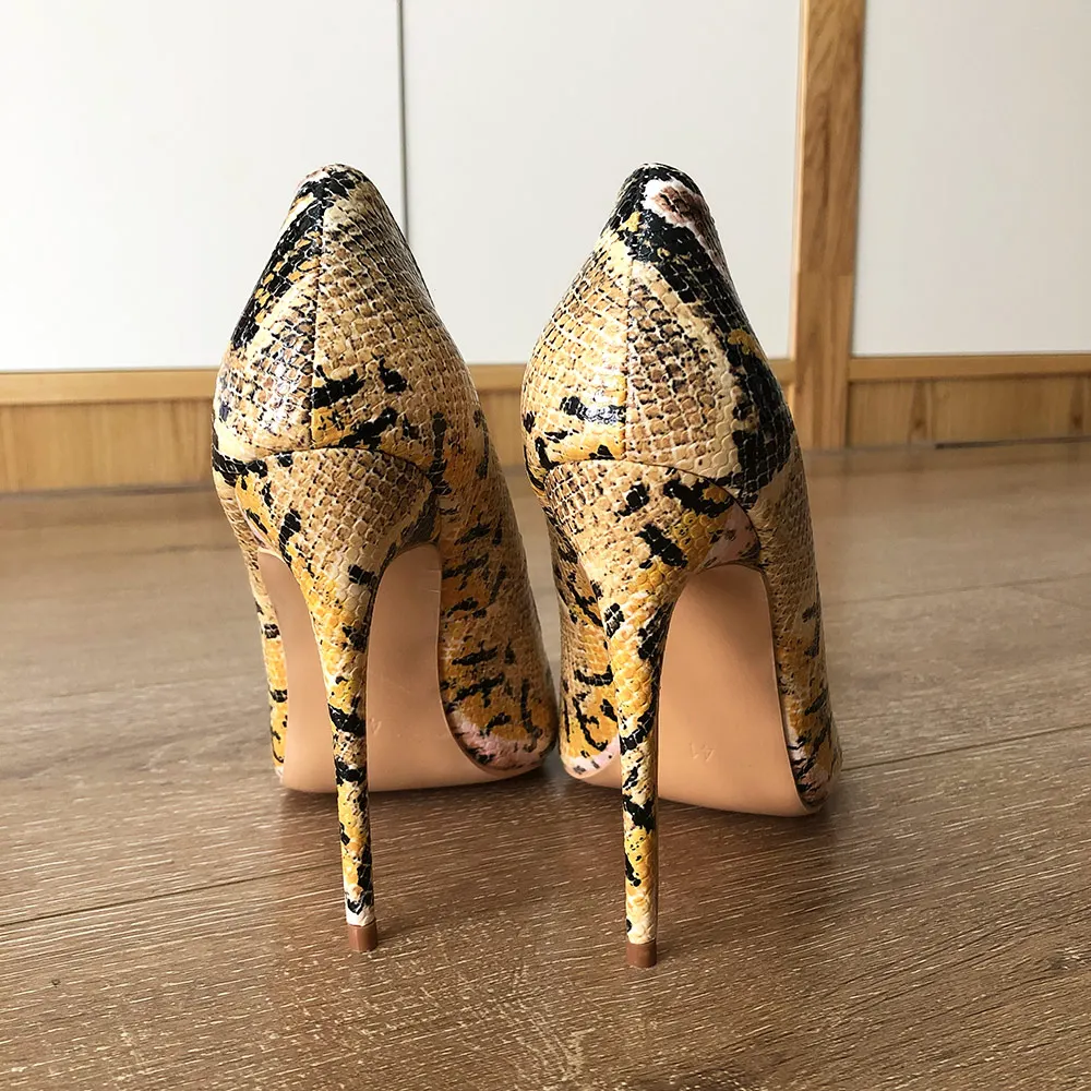 Veowalk 8cm/10cm/12cm Python Printed Women Sexy Pointed Toe Stiletto High Heels Ladies Fashion Pumps Party Bridal Shoes Big Size