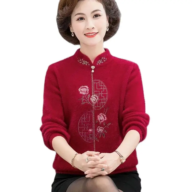 

Mother Wear Autumn Winter Fleece Thickening Sweater Middle-Aged Elderly Women With Warm All-in-One Velvet Bottoming Shirt M430