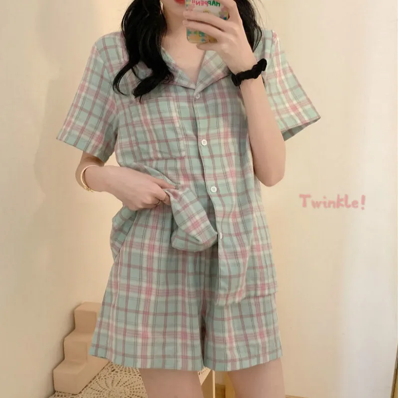 Women Pajama Sets Short Sleeve Sleepwear Homewear French Style Lovely Schoolgirls Plaid New Turn-down Collar 2 Piece Set Nighty