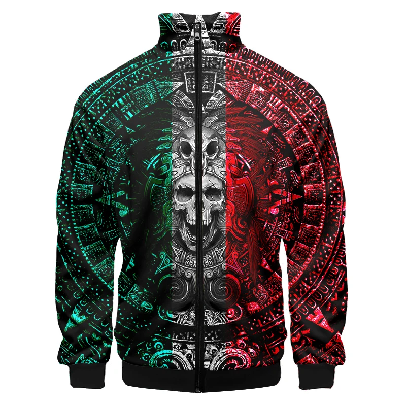 Men's Jacket Green Red Retro Skull Ethnic TotemCasual Spring Fall Zip Pocket Coat Outwear Baseball Jackets Male Outerwear Casaco