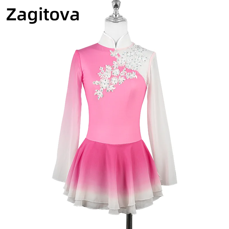 Figure Skating Dress Hanfu Ice Figure Skating Skirt Chinese Elements Beijing Opera Pink Gradient White Flower Shiny Rhinestones