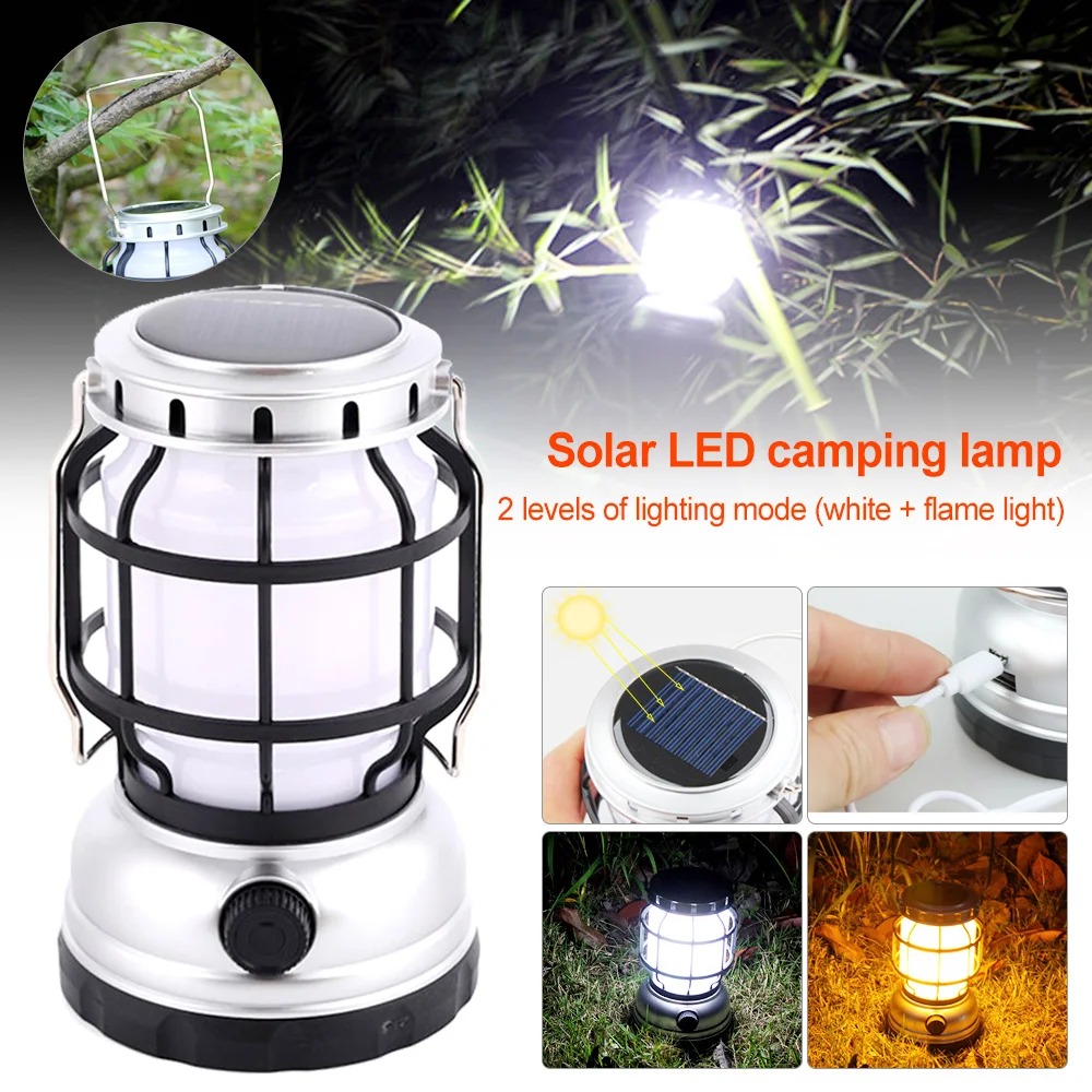 

15W LED Camping Light Solar Flame Light USB Rechargeable Hook Work Light Outdoor Retro Kerosene Tent Light Waterproof Flashlight