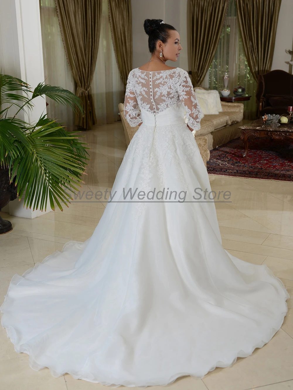 Classic Organza Wedding Dress Plus Size Deep V Neck 3/4 Sleeves Appliques A Line Court Train Bridal Gowns