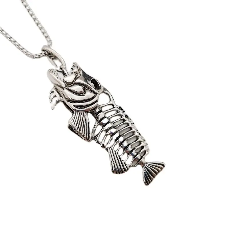 

Mens cool fish skelenton pendant necklace stainless steel fish hook fish skeleton skull bone hip hop necklace Gothetic jewelry