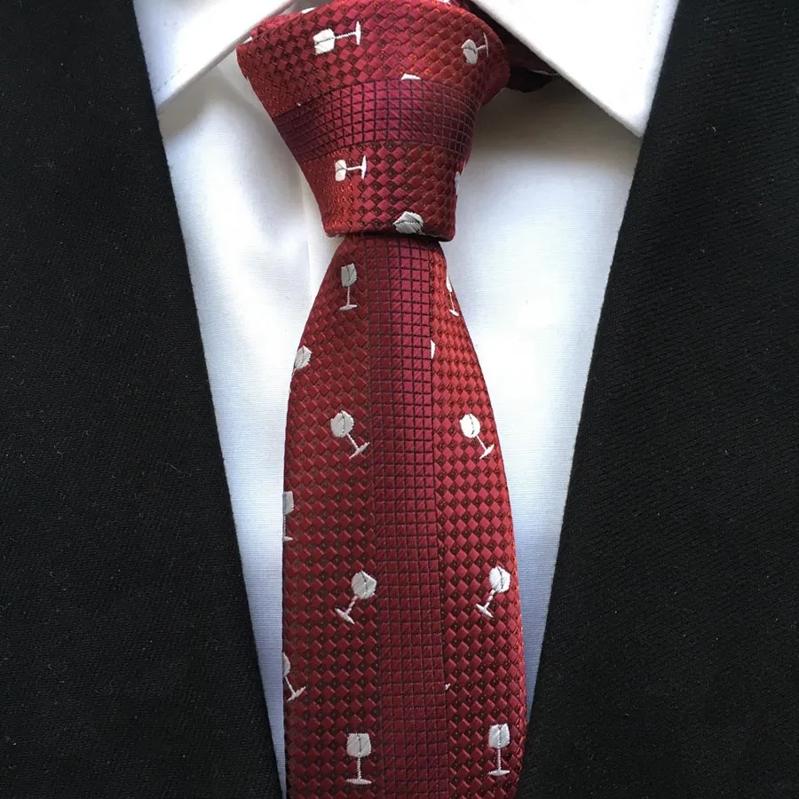 Casual Slim Ties Jacquard Woven Neck Tie Burgundy Neckties with White Wine Glasses Pattern Gravatas for Party Club Gift