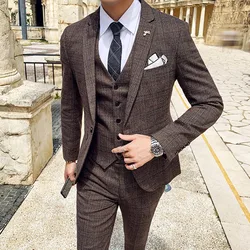 (Jackets + Vest + Pant) Men Groom Wedding Dress Plaid Formal Suits Set High Quality Men Fashion Casual Business Suit Three-piece