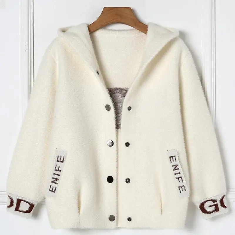 Zuolunouba Winter Clothes Fashion Women Mink Cashmere Coat Hooded Letters God Harajuku Wild Loose Knitting Coat Female