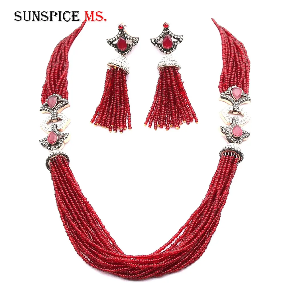 SUNSPICE-MS Elegant Turkish Women Bead Resin Necklace Earring Mrocco Wedding Jewelry Sets Antique Gold Color India Bridal Gifts