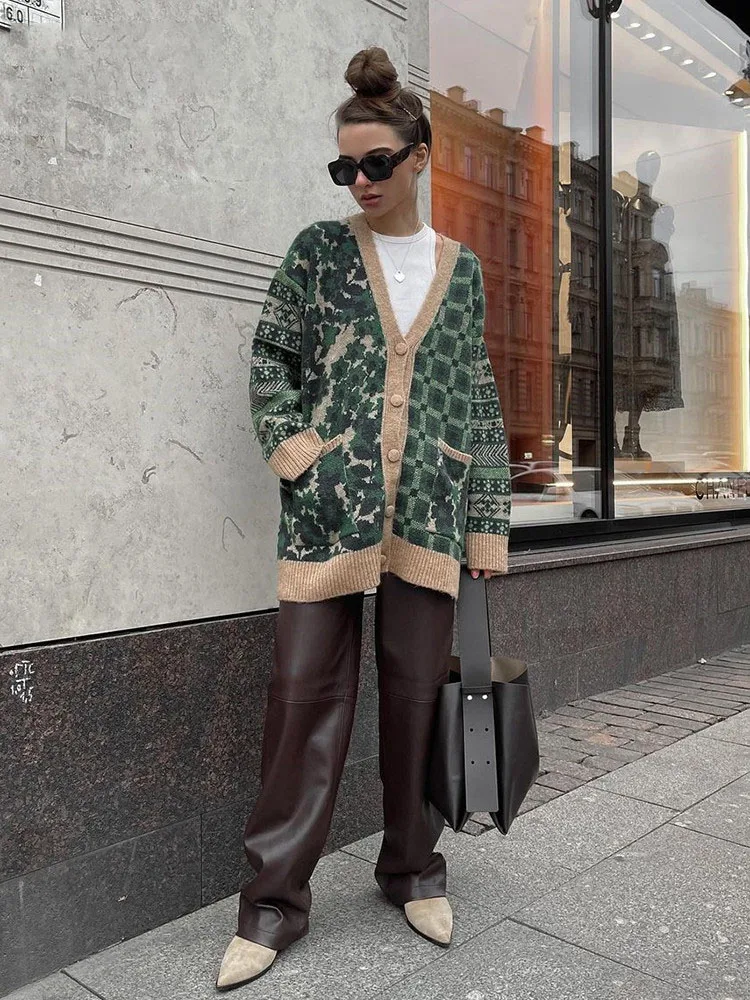 2021 ZA Green V Neck Cardigan Women Long Sleeve Oversized Autumn Winter Y2K Casual Sweater Knitted Loose Female