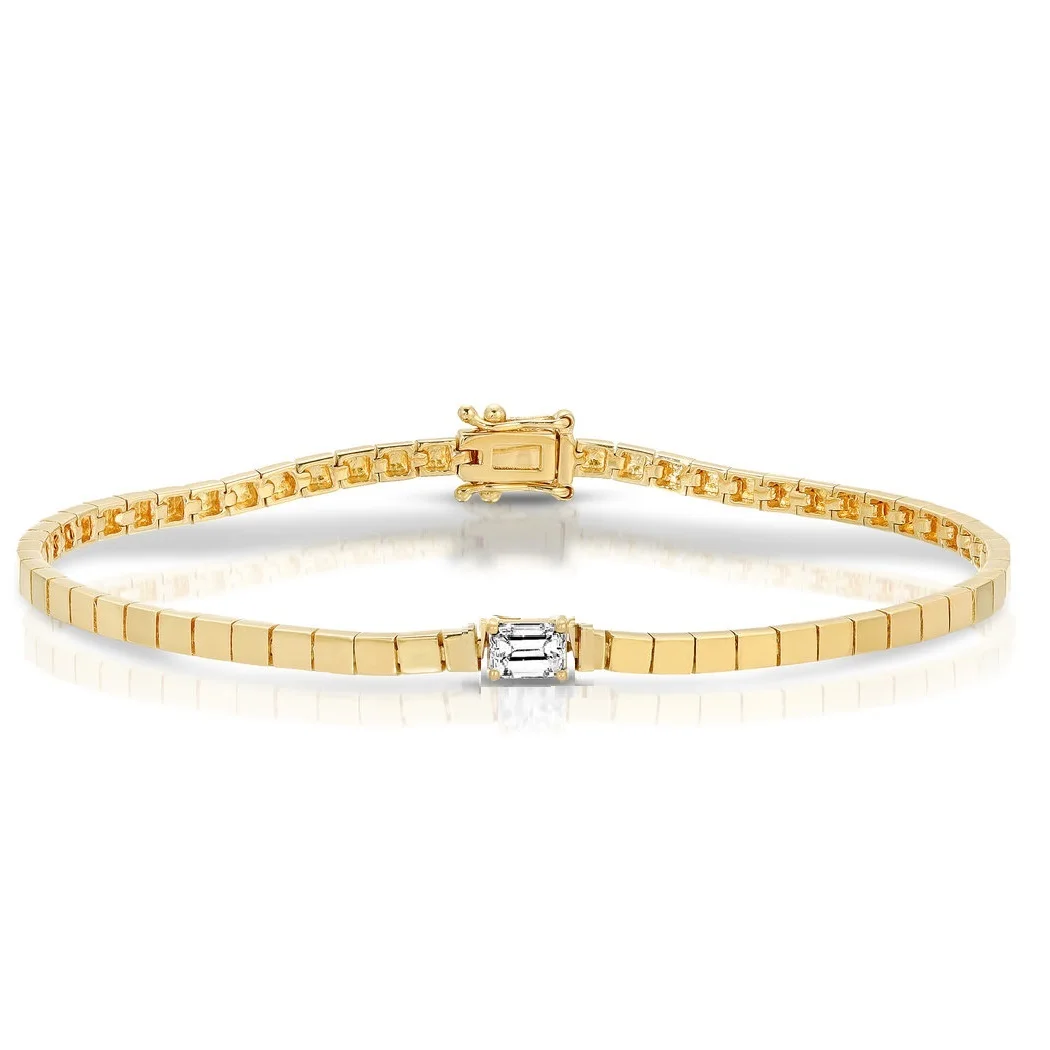 Gold Color Single 5A Bling Rectangle Cubic Zirconia Metal Beaded Tennis Chain 16\