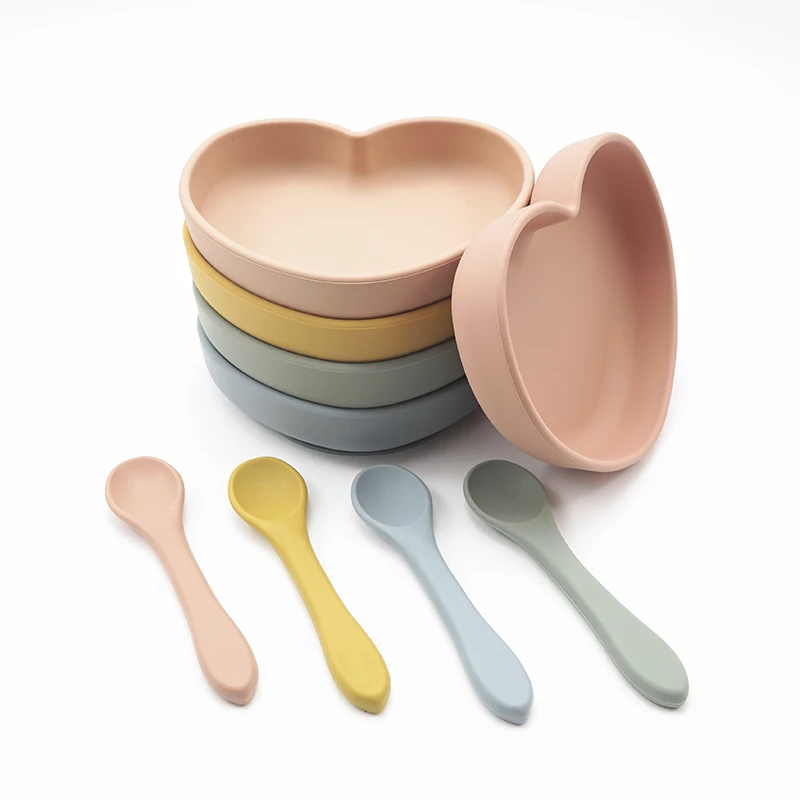 Kawaii Love Heart Shape Dinnerware Feeding Solid Food Plate BPA Free Dining Appliance Silicone Spoon Children's Tableware