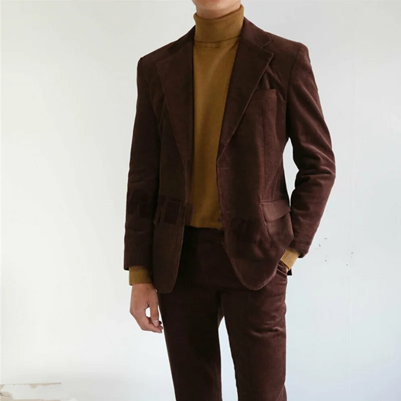 2021 Terno Masculino Brown Corduroy Men Suits Casual Male Suit Fall Winter 2 Pieces Set Formal Bussy Wear Blazer Pants Costume