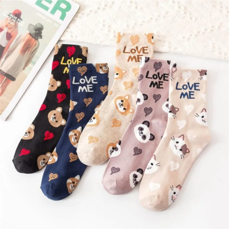 

5Pairs Women's Lovely Cartoon Cotton Socks Street Style Colorful Tube Socks Female Ladies Little Bear Patterned Hip Hop Sock