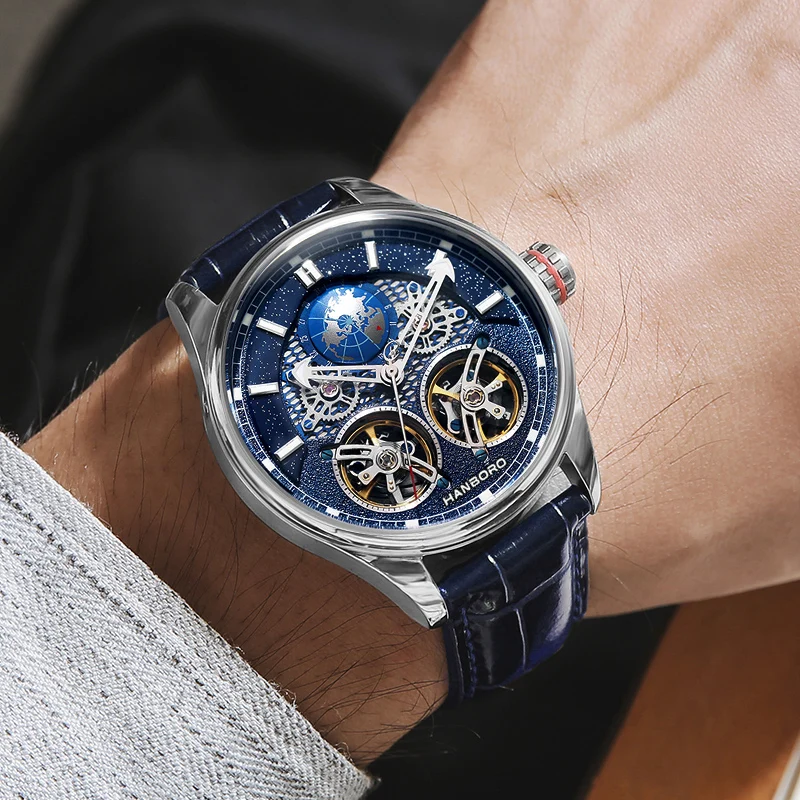 هانبورو ساعة رجالية فاخرة ساعات أوتوماتيكية للرجال ساعة يد ميكانيكية مقاومة للماء هيكل عظمي مضيء تاريخ عجلات مزدوج