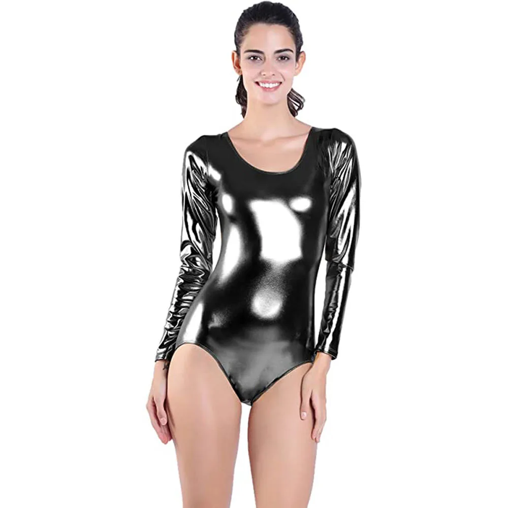 AOYLISEY Dance Shiny Metallic Leotard For Women Silver Scoop Neck Gymnastics Ballet Long Sleeve Men Bodysuit Stage Costumes