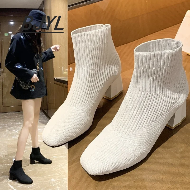 2021 Autumn and Winter New Knitted Socks Boots Women Thick Heel High Heel Small Short Boots Single Tube Elastic Boots Women