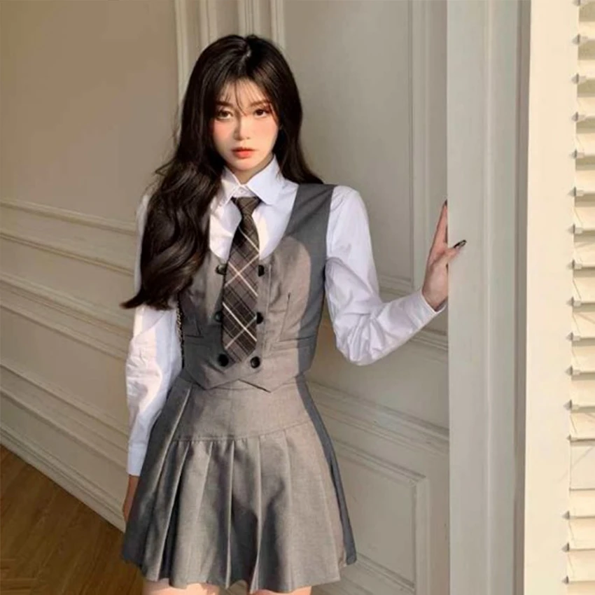 Kawaii Lady School Uniformen Casual Vest Jacket & Shirt & Plooirok & Tie Lange Mouwen School Pak Vrouwelijke College stijl Sets