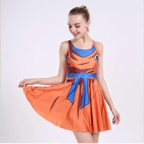 Sexy Girl Summer Dress Casual Cosplay Son Goku Vegeta Reversible Sleeveless Skater Women Pleated One-Piece Dress Plus size