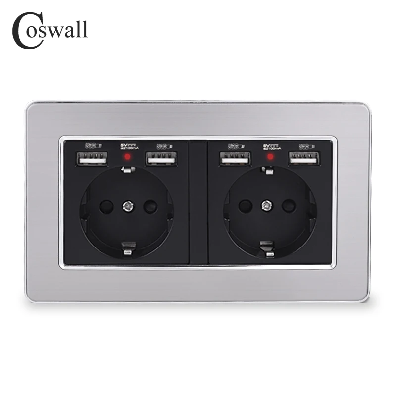 

COSWALL Brand 2 Gang Russia Spain EU Standard Wall Socket With 4 USB Charge Port Hidden Soft LED Indicator Stainless Steel Frame