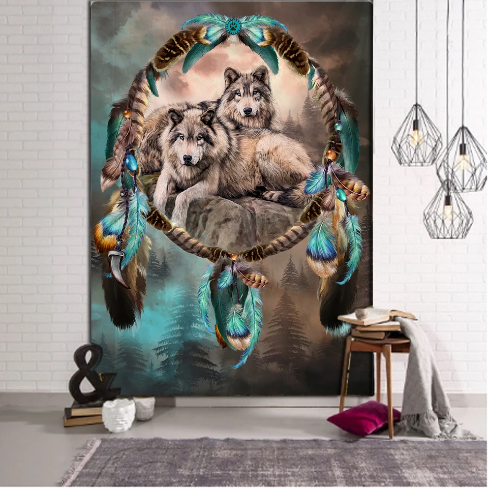 Running wolves Holy Animals Tapestry Decoration Wall Hanging Lion Wolf Tiger Pattern Background Wall Tapestry Home Textile