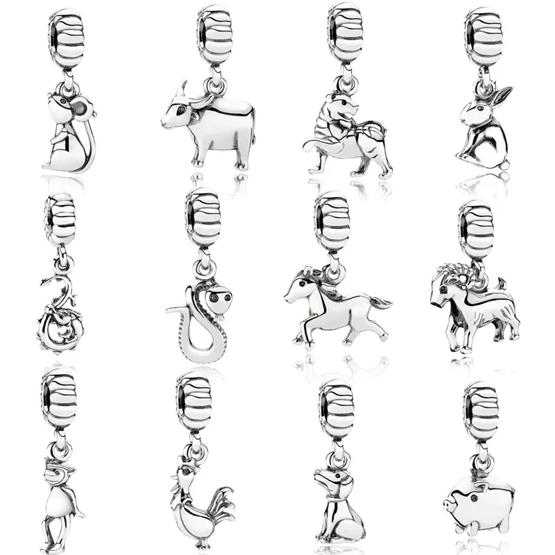 

New 925 Sterling Silver Beaded Zodiac Charm Accessories Original Bracelet Necklace Pendant DIY Gift Female Jewelry