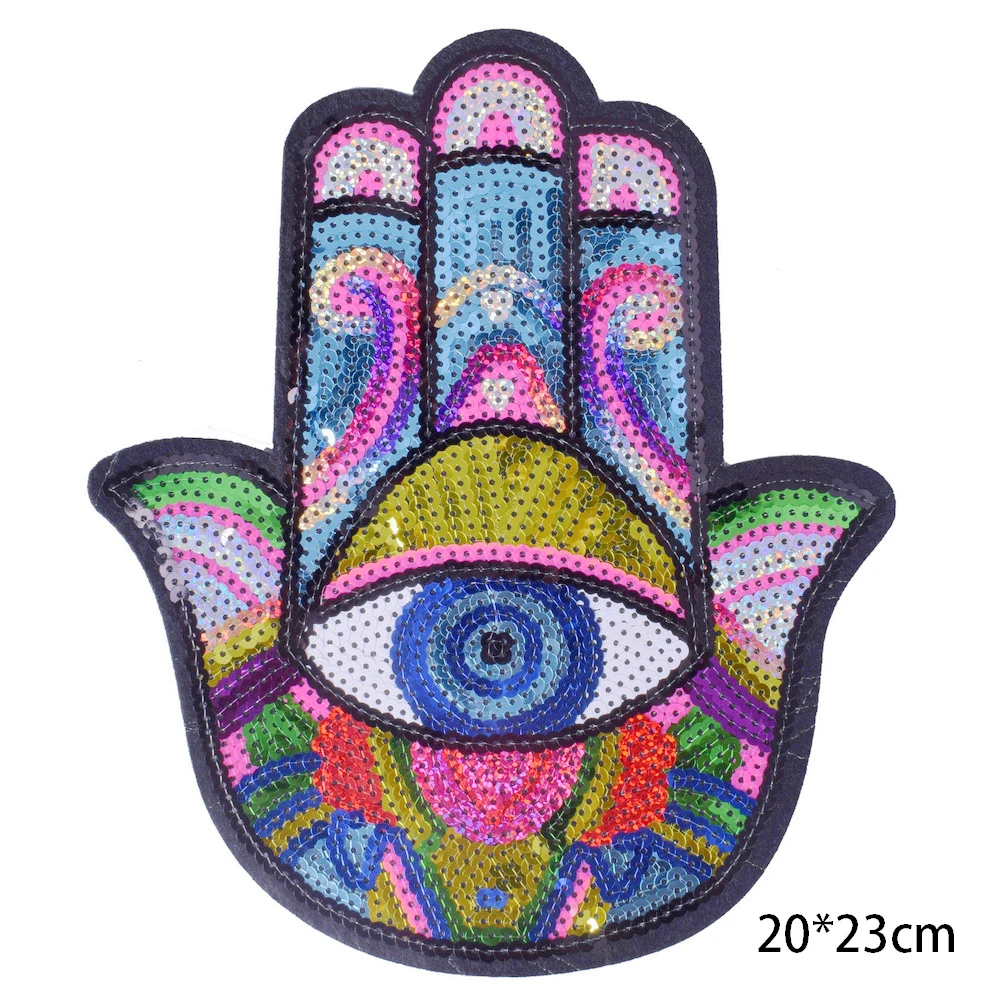 1Pc Palm Sequined Iron on Patches for Clothes DIY Garment Accessories Big Hand Eye Sequins Embroidery Applique