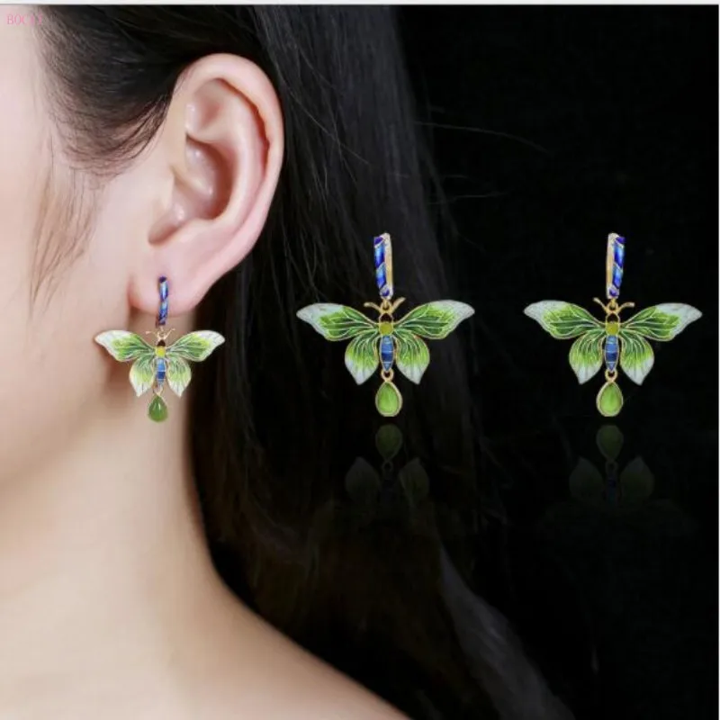 BOCAI S925 Sterling Silver Earrings for Women Butterfly Retro-antiquity Cloisonne Eardrop 2022 Popular Pure Argentum Jewelry