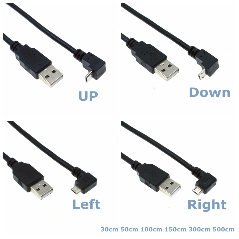 UP Down Left and Right 90 Degrees Micro USB Male to USB Male Data Charging Mobile Phone Tablet Driving Recorder Cable 0.3m-5m