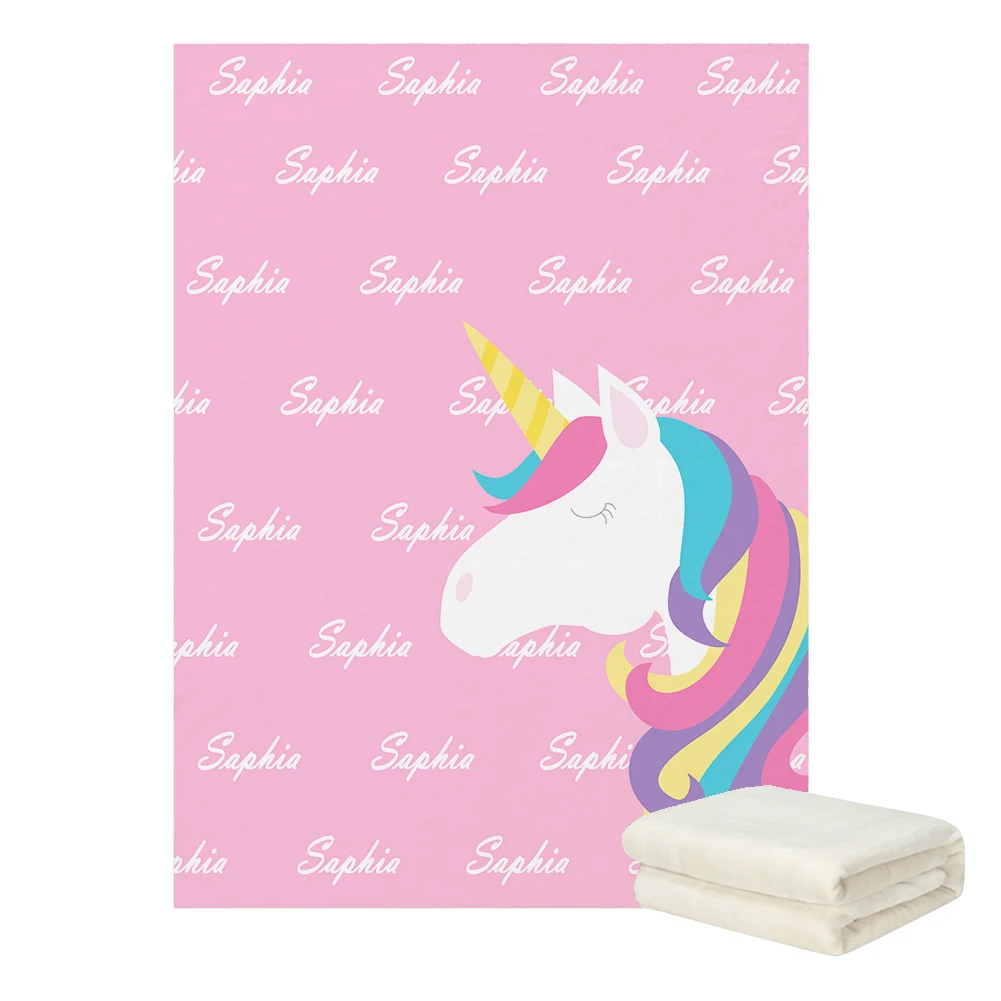 LVYZIHO Cute Unicorn Pink/Blue/Purple/Yellow Customized Name Baby Blanket - 30x40 / 48x60 / 60x80 Inches - Fleece Blanket