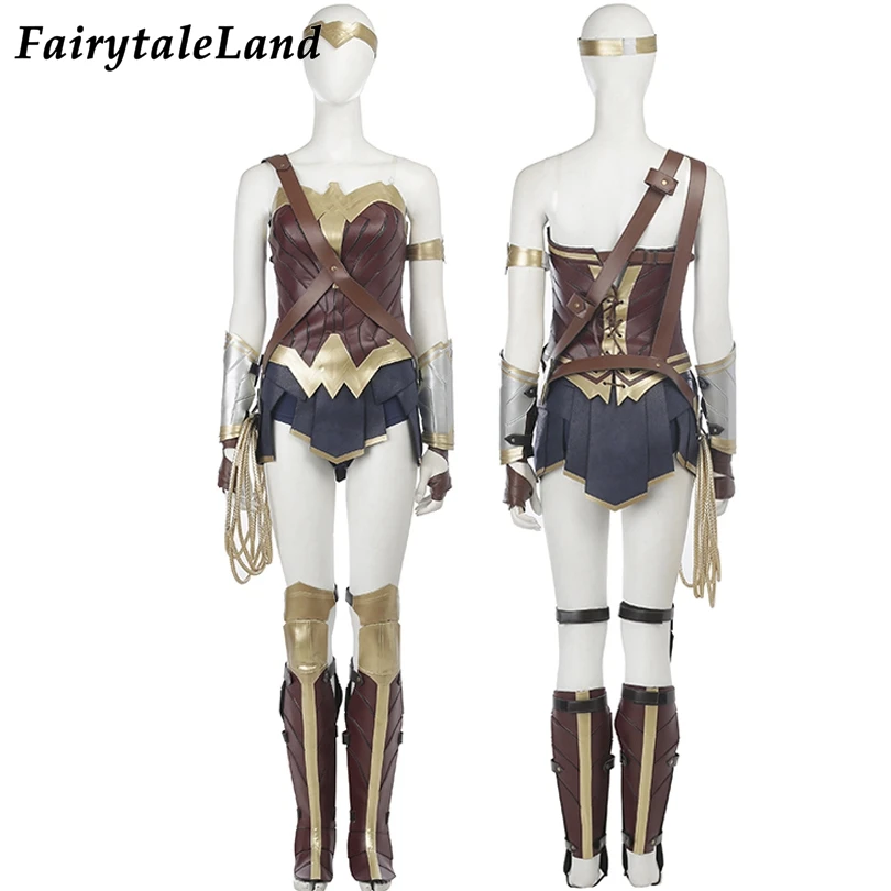 

Wonder Girl Diana Cosplay Costume Halloween Adult Women Superheroine Outfit Sexy PU Leather Battle Suit