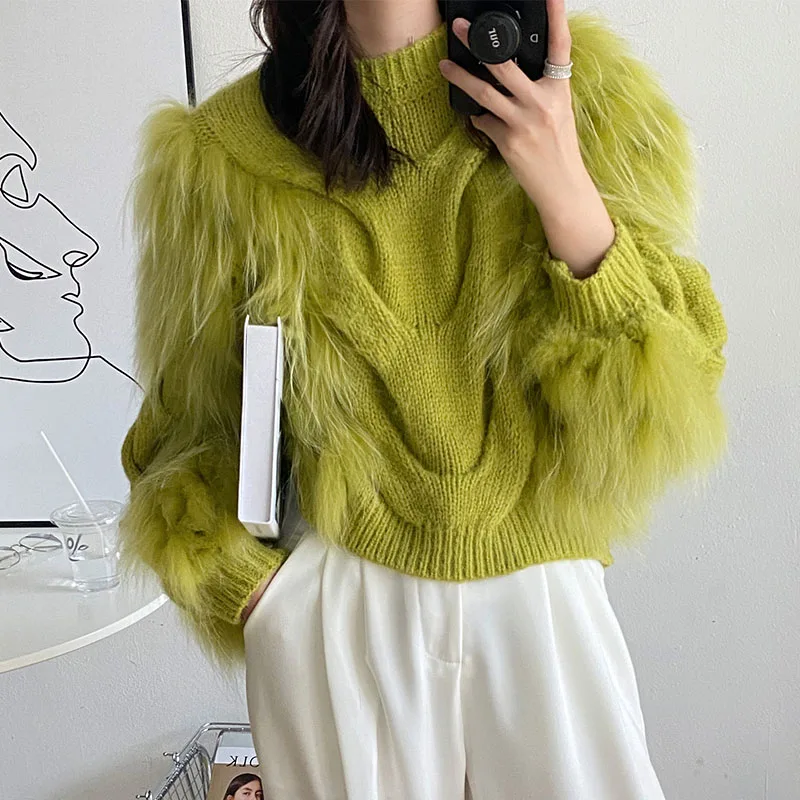 

Women's Real Raccoon Fur Knitted Sweater Vest 2021Japanese Style Female Fur Pullover Warm fall winter high neck fur sweaters