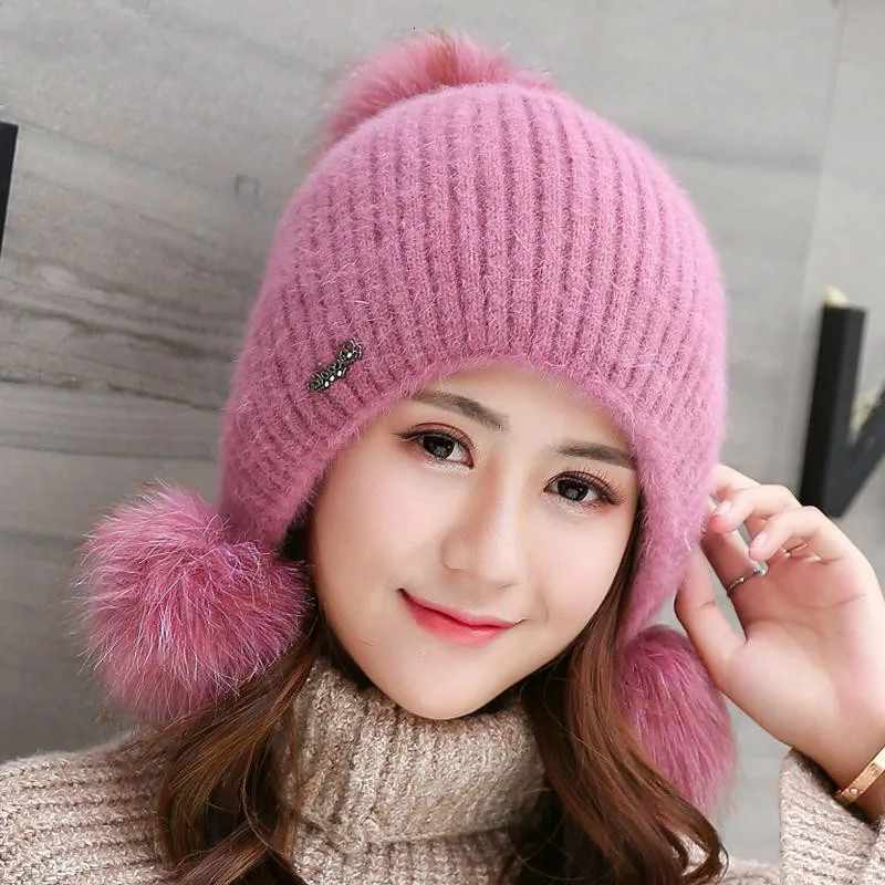 Simple Girl Thicken Ski Snow Cap New Fashion Fur PomPoms Winter Wool Women Beanie Hats Female Skullies Warm Knit Hat Set