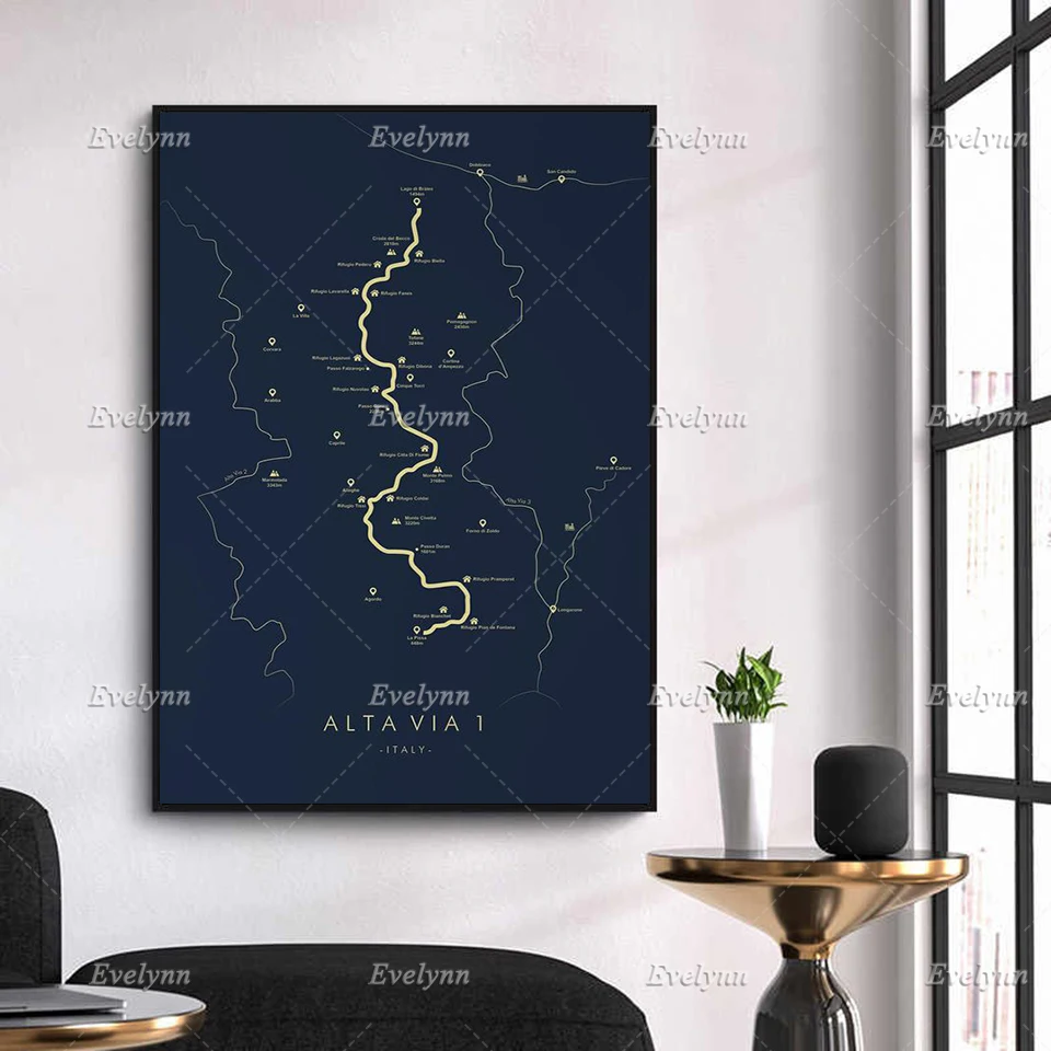 Alta Via 1 Trail Map | Dolomite High Route 1 |Europe Hiking |Trail Map Art | Modern Home Decor Posters  Wall Art Prints Canvas