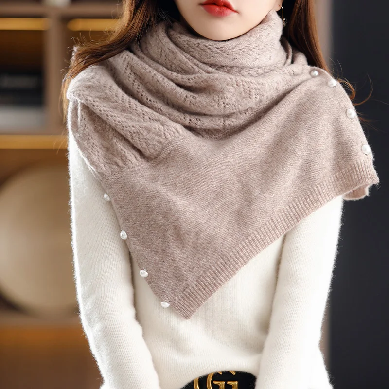 New fashion all-match pure color knitted cashmere scarf Ladies high-end autumn and winter wool Pearl scarf shawl FRSEUCAFbrand