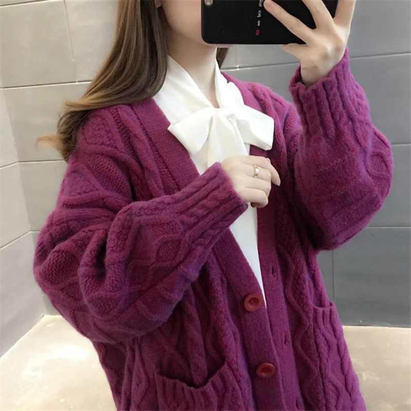 

Autumn Winter Thick Long Cardigan Sweater Women Loose Big Pocket Long Sleeve Knit Jacket Coat Korean 5 Color Knitted Tops Female