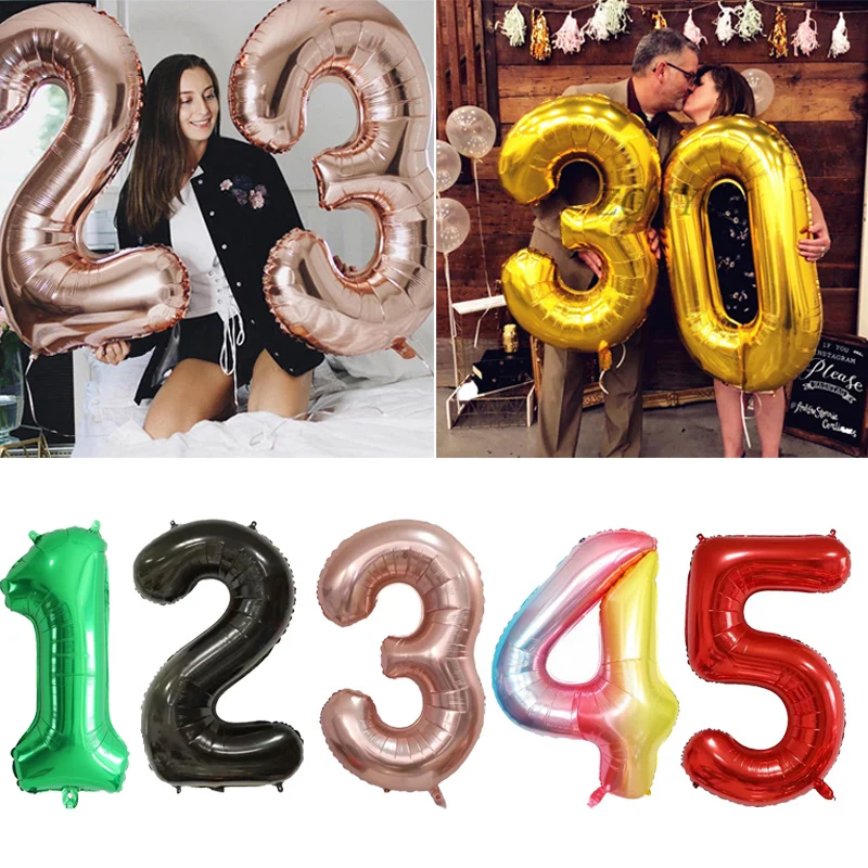 30 40 Inch Birthday Number Balloons Big Rose Gold Silver Figure Foil Balloon Wedding Baby Birthday Party Decoration Kid Globos